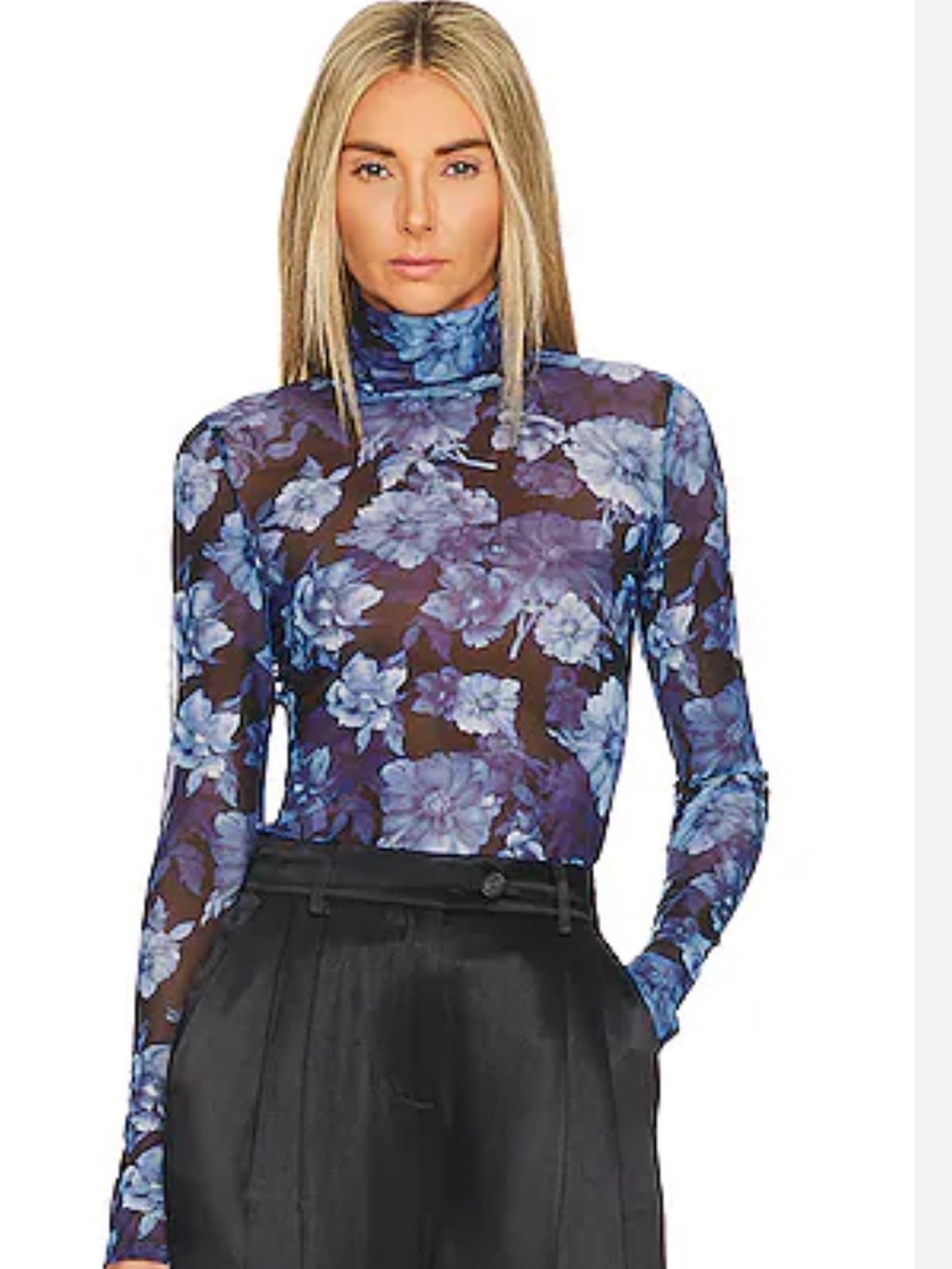Alice + Olivia Sheer Blue Floral Turtleneck Crop Top